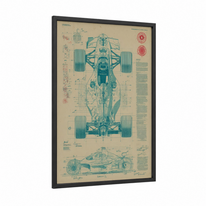 Formula Blueprint framed auto racing print — black wood frame — teal and cream palette