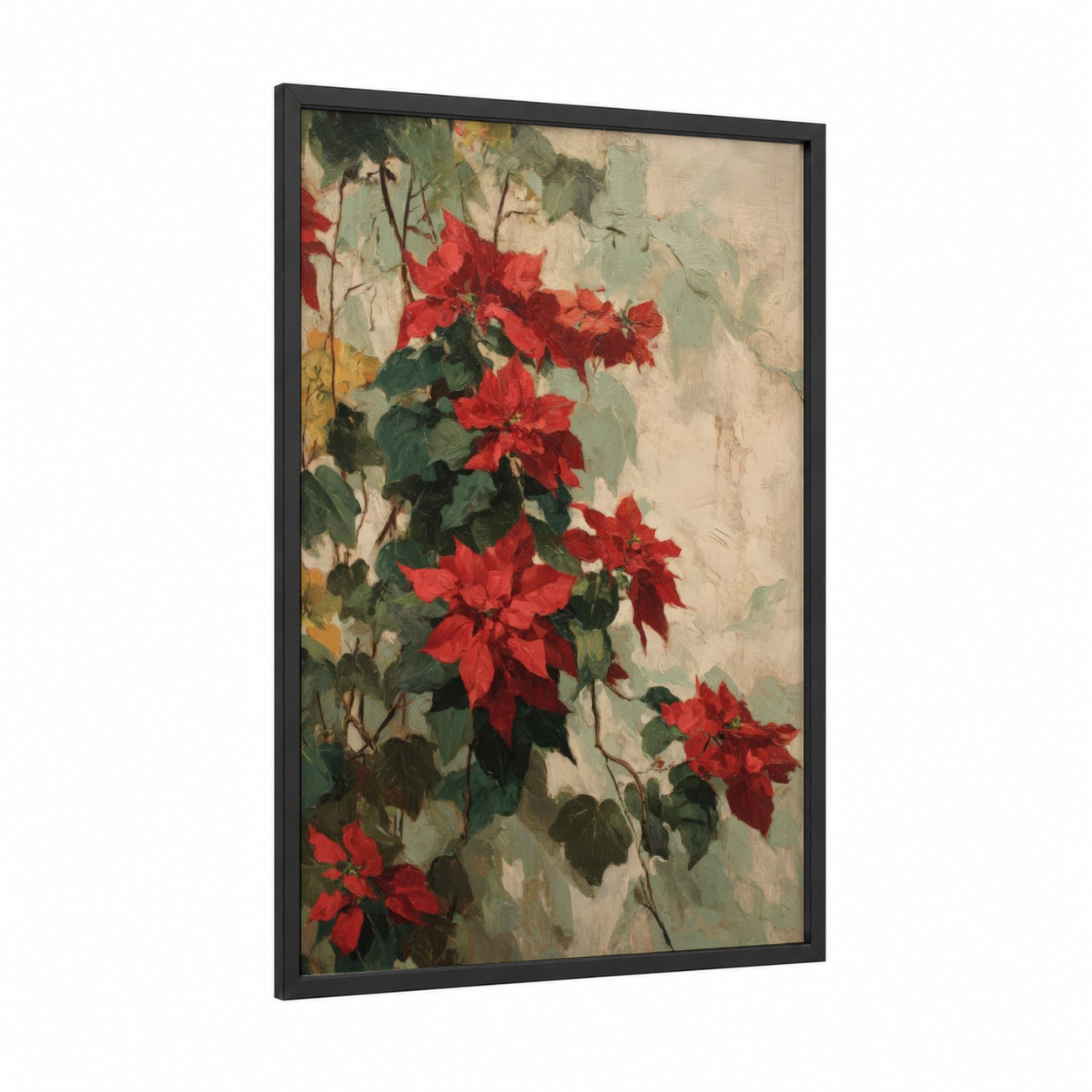 Crimson Poinsettias framed art print — black wood frame — red and dark green palette