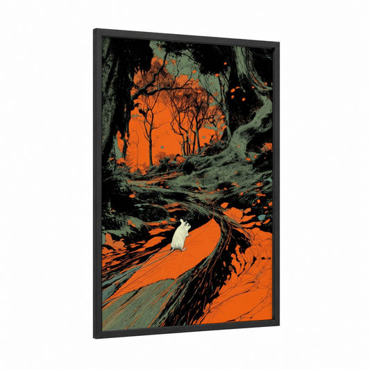 Curious Gerbil framed art print — black wood frame — orange and black palette