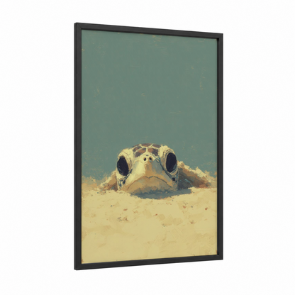 Sandy Turtle framed art print — black wood frame — teal and beige palette