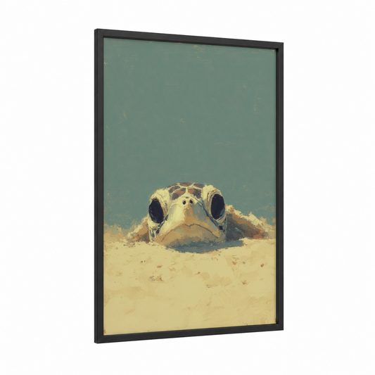 Sandy Turtle framed art print — black wood frame — teal and beige palette