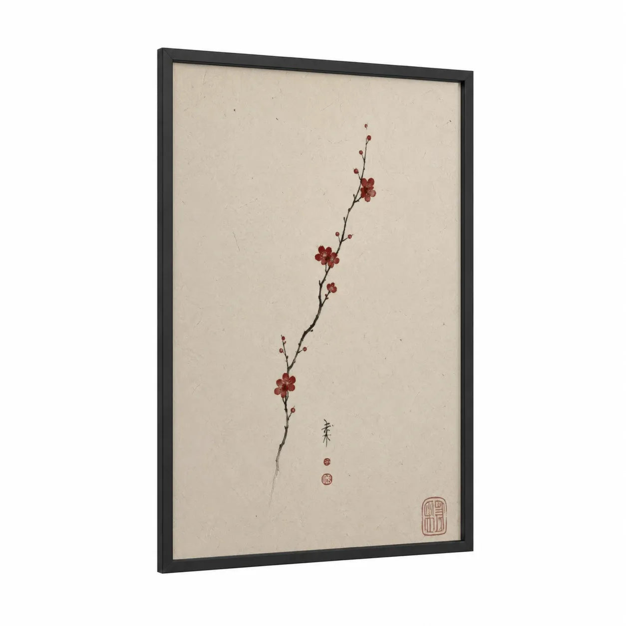Cherry Blossom Branch Japanese Wall Art framed cherry blossoms print — black wood frame — beige and russet palette