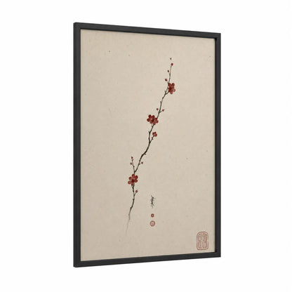 Cherry Blossom Branch Japanese Wall Art framed cherry blossoms print — black wood frame — beige and russet palette