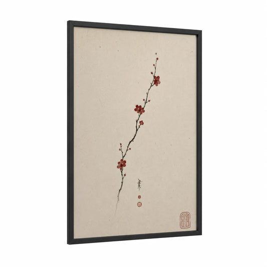Cherry Blossom Branch Japanese Wall Art framed cherry blossoms print — black wood frame — beige and russet palette