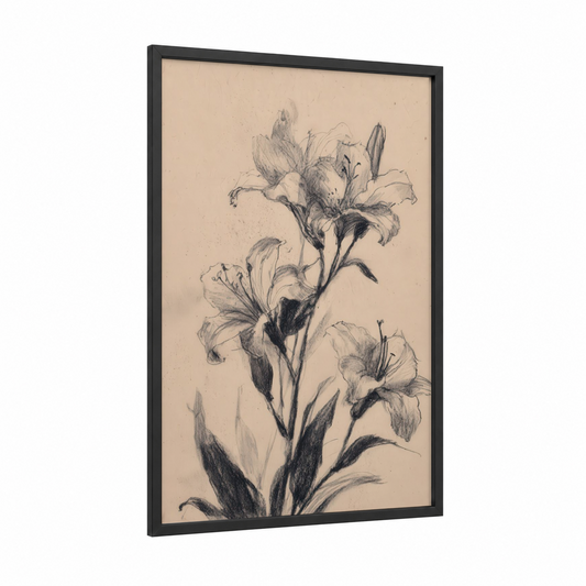 Botanical Lily Study framed art print — black wood frame — beige and black and white palette