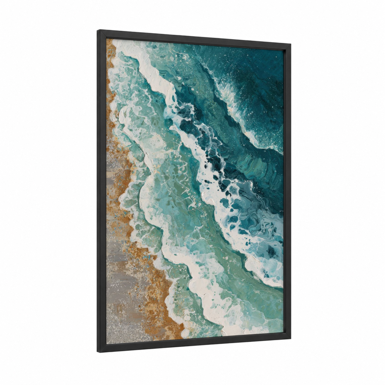 Aerial Wave Patterns framed sandy beach print — black wood frame — teal and gold palette
