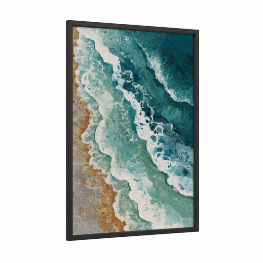 Aerial Wave Patterns framed sandy beach print — black wood frame — teal and gold palette