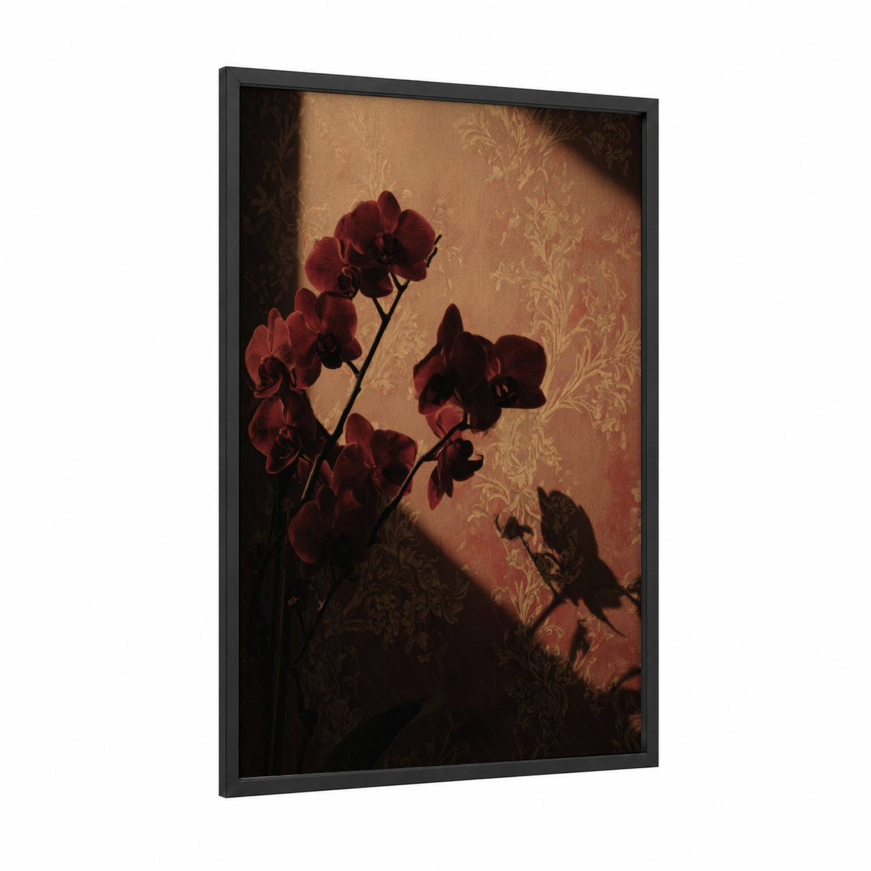 Crimson Orchid Shadows framed art print — black wood frame — maroon and gold palette