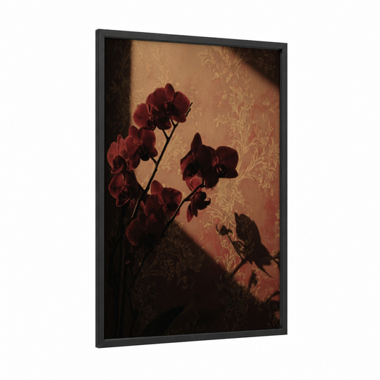 Crimson Orchid Shadows framed art print — black wood frame — maroon and gold palette