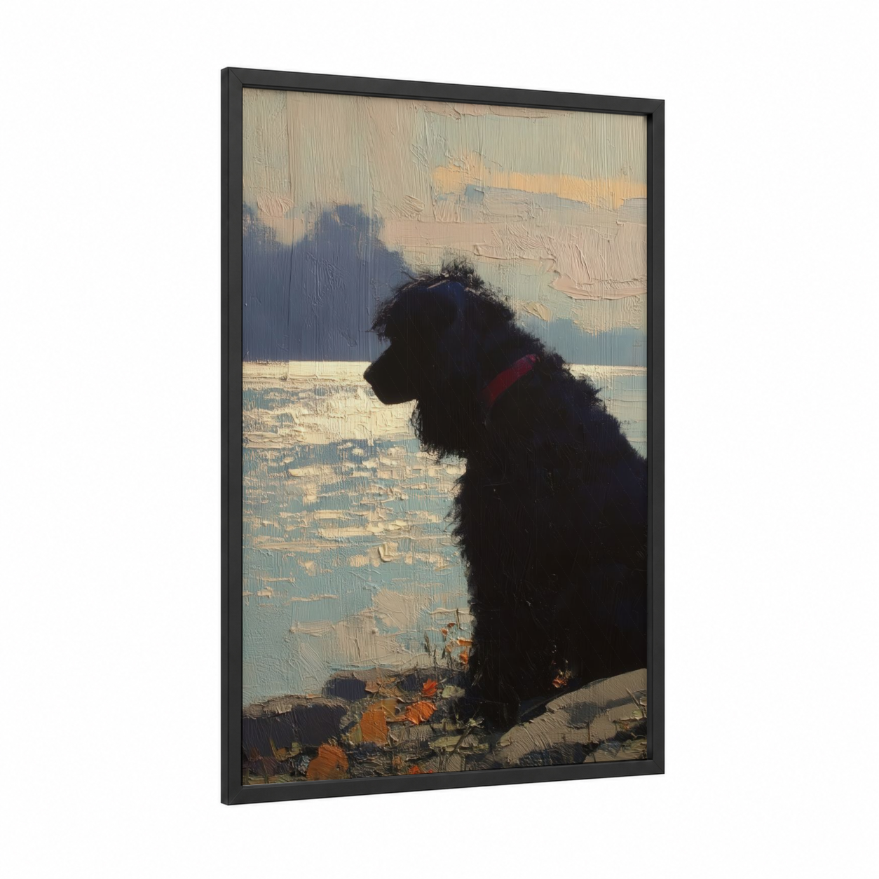 Contemplative Spaniel framed art print — black wood frame — gold and blue and white palette