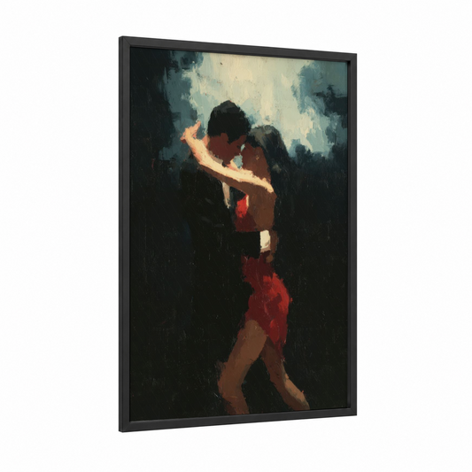 Passionate Salsa Dance framed art print — black wood frame — black and red palette
