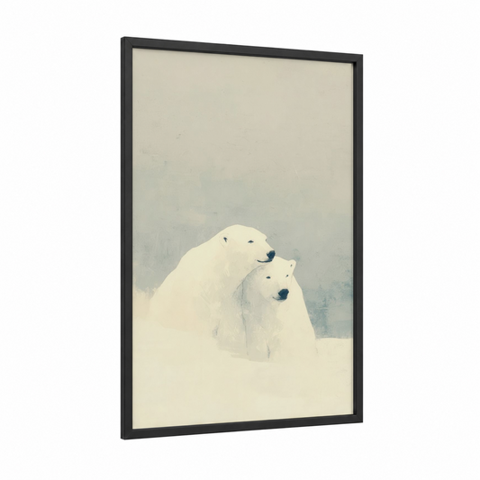 Snowy Polar Pair framed animals in love print — black wood frame — white and dove gray palette