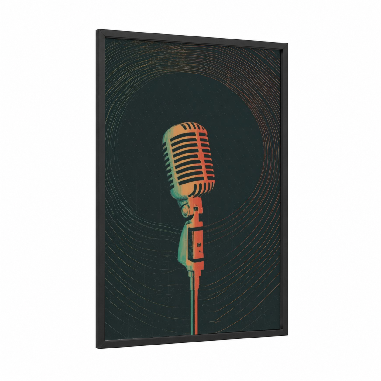 Retro Microphone framed art print — black wood frame — orange and teal palette