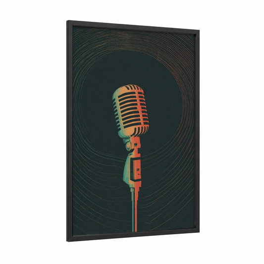 Retro Microphone framed art print — black wood frame — orange and teal palette