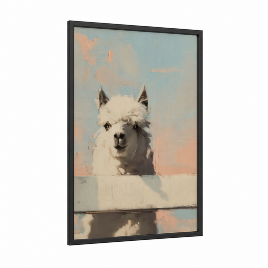 Serene Llama framed art print — black wood frame — cream and peach palette