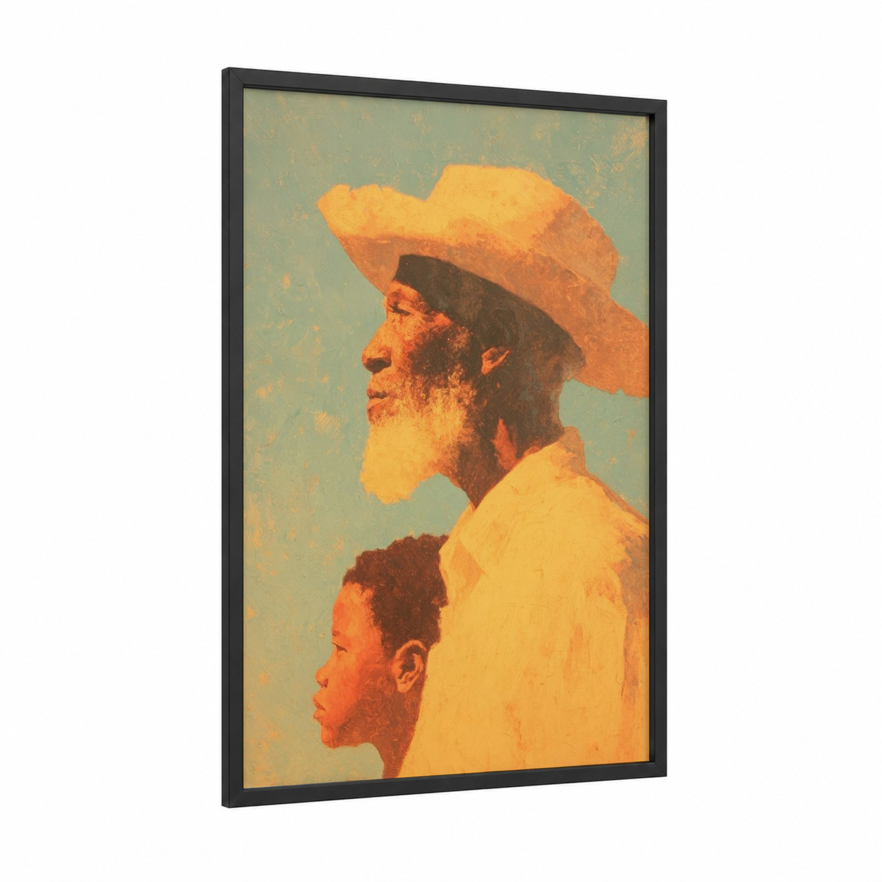 Generational Strength framed juneteenth print — black wood frame — yellow gold and sage green palette
