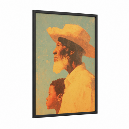 Generational Strength framed juneteenth print — black wood frame — yellow gold and sage green palette