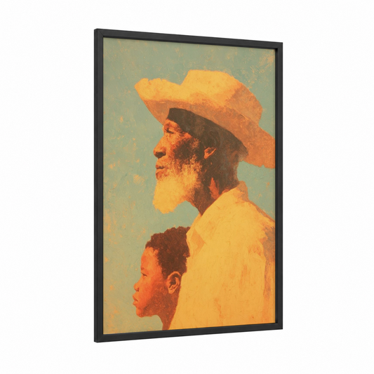Generational Strength framed juneteenth print — black wood frame — yellow gold and sage green palette