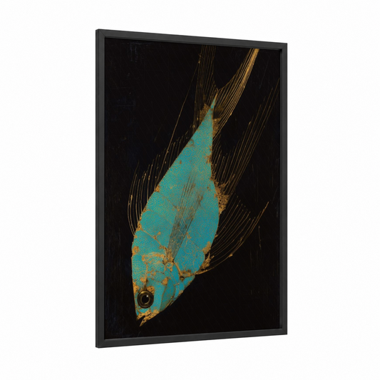 Turquoise Dragon Fish framed art print — black wood frame — teal and gold palette