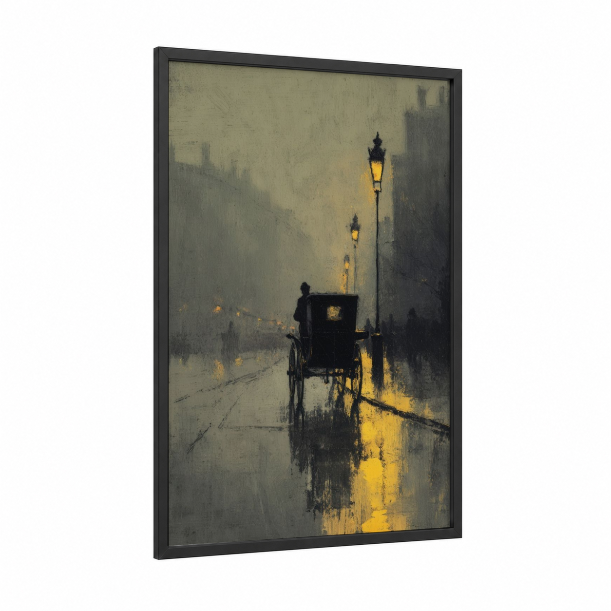 Misty Evening Carriage framed wagon print — black wood frame — gray and gold palette