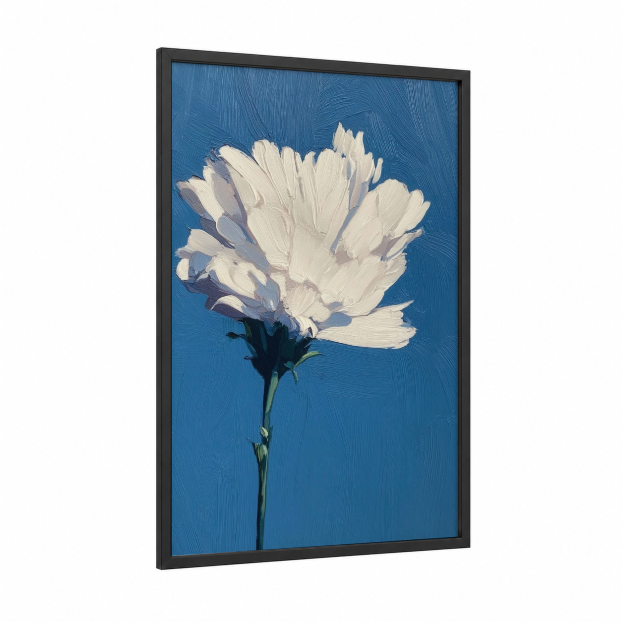 Azure Peony framed abstract flower print — black wood frame — blue and white palette