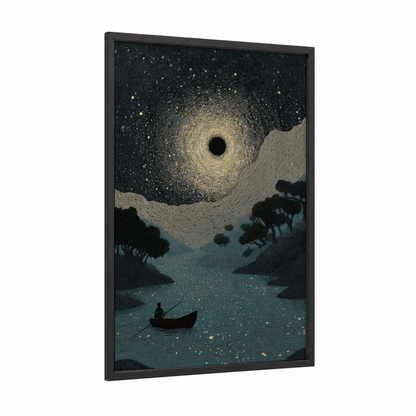 Cosmic Dreamscape framed art print — black wood frame — black and gold palette