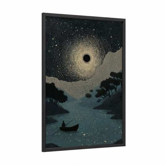 Cosmic Dreamscape framed art print — black wood frame — black and gold palette