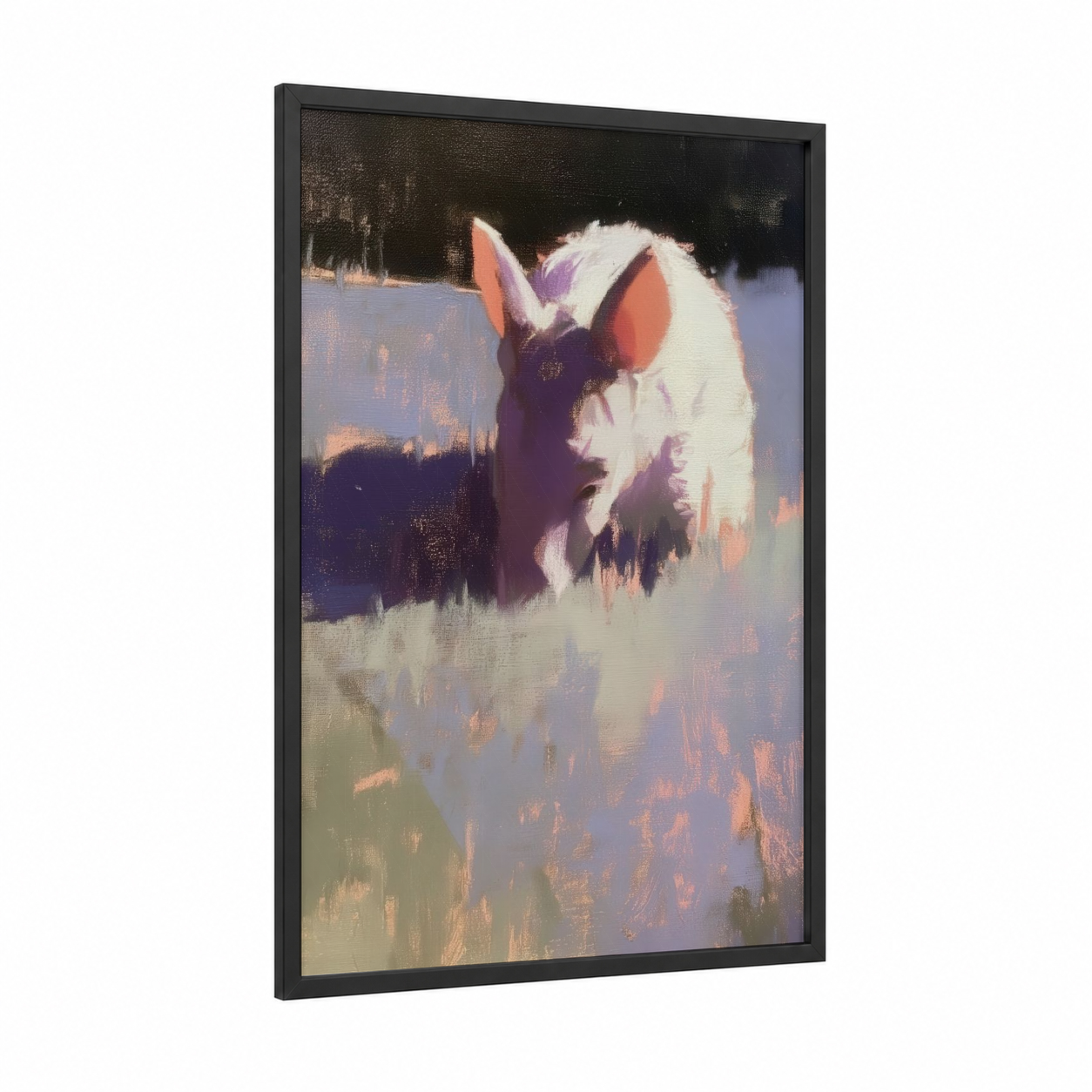 Snowy Aardvark framed art print — black wood frame — cream and purple palette