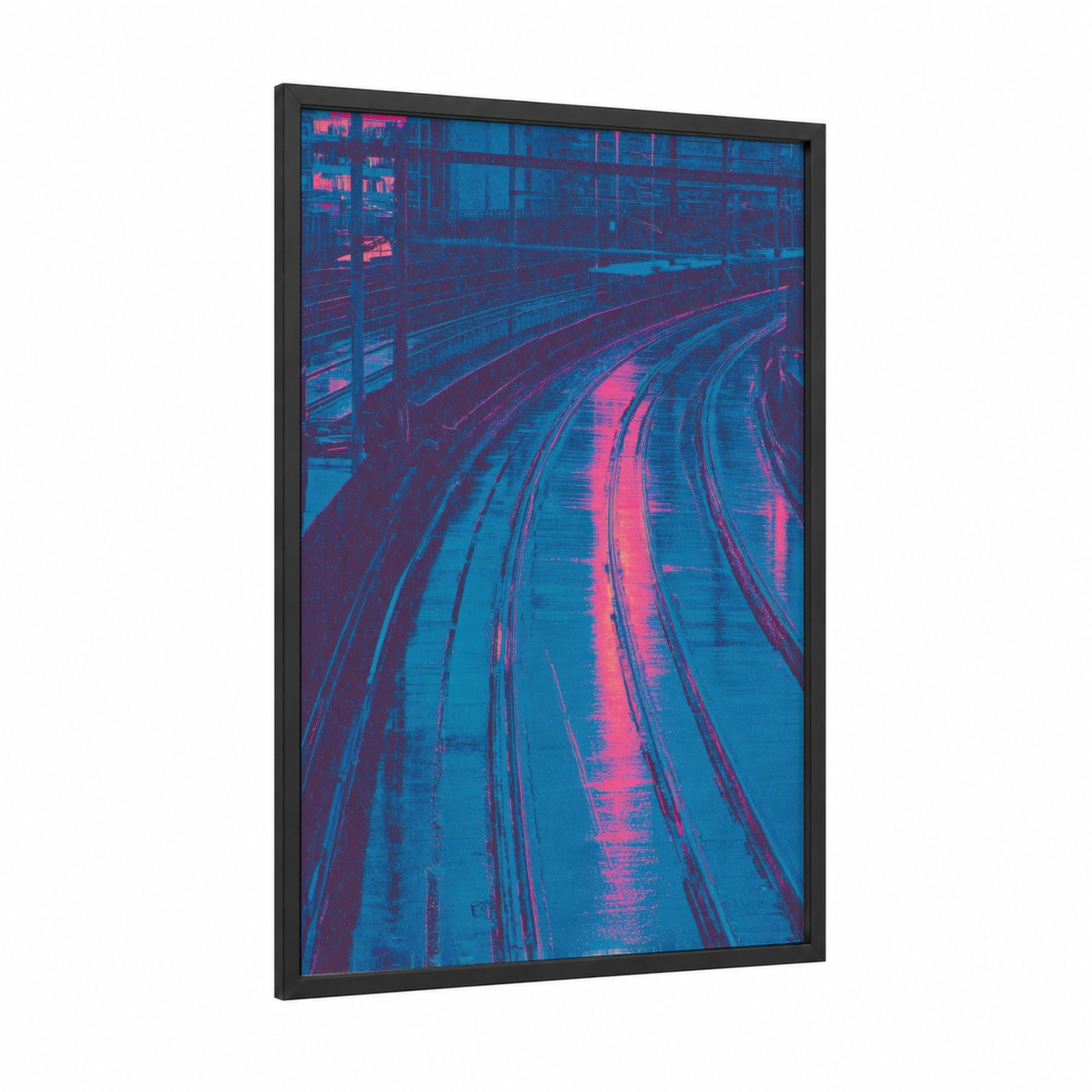 Neon Rail Yard framed train tracks print — black wood frame — blue and magenta palette