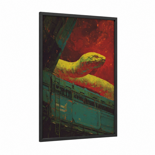 Industrial Python framed art print — black wood frame — red and yellow gold palette