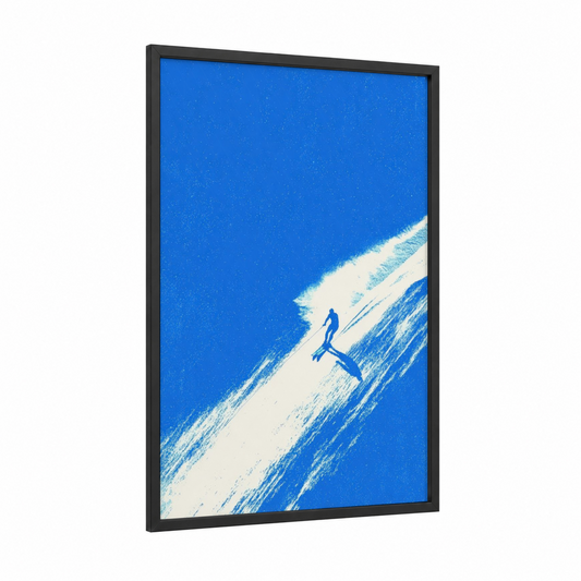 Azure Water Skier framed water skiing print — black wood frame — blue and white palette