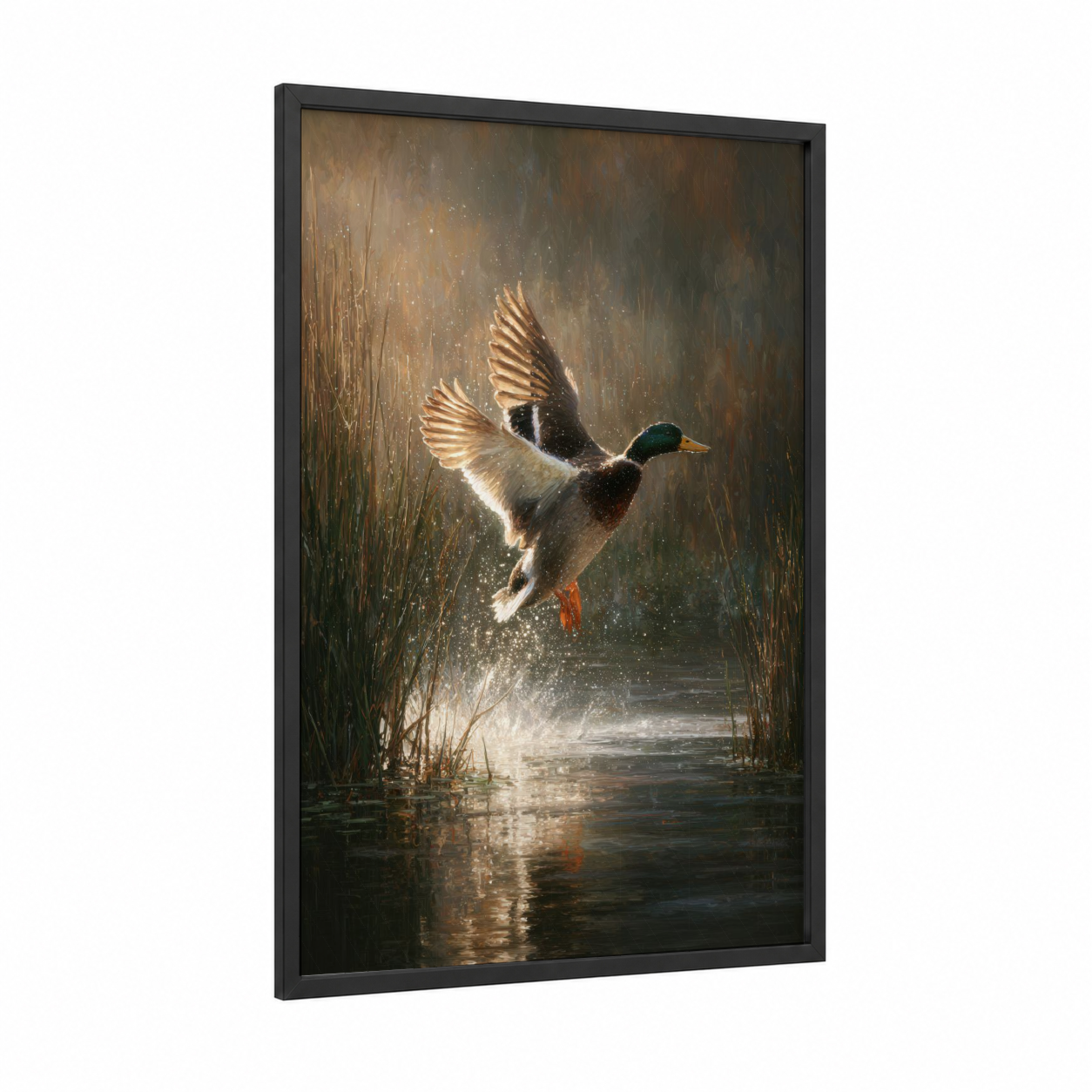 Golden Duck Takeoff framed ducks print — black wood frame — gold and brown palette
