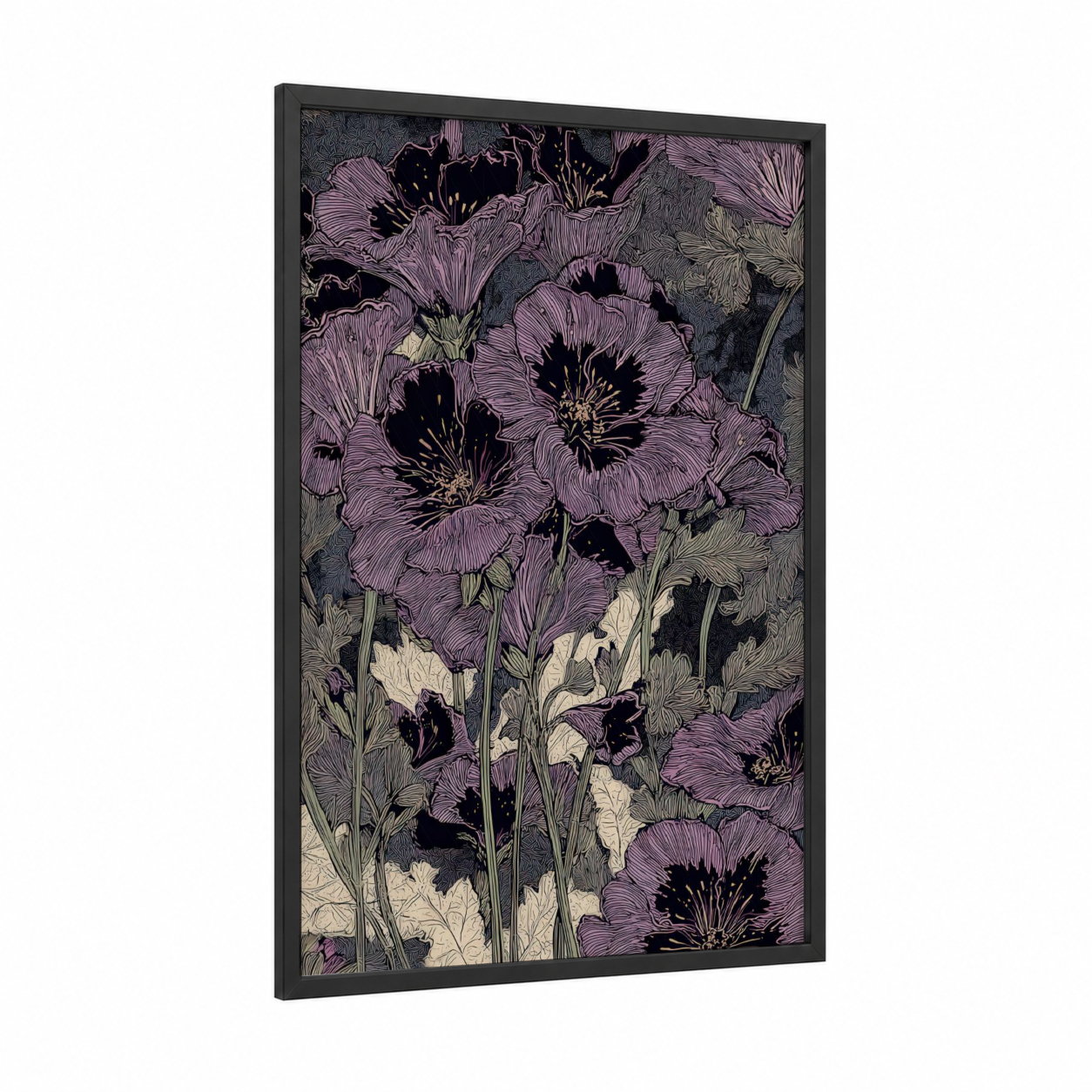 Purple Geranium Cluster framed art print — black wood frame — purple and black and white palette