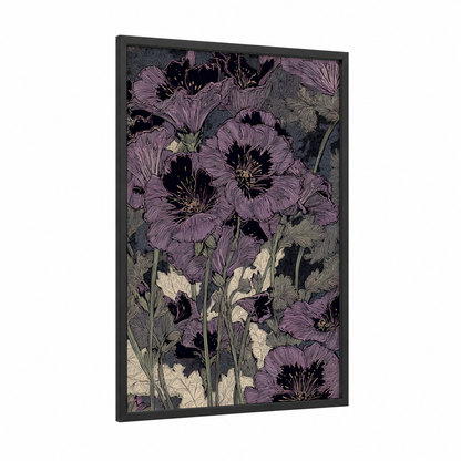 Purple Geranium Cluster framed art print — black wood frame — purple and black and white palette