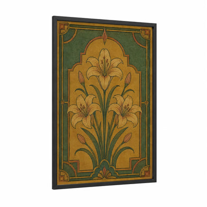 Art Deco Lily Floral Wall Art framed art print — black wood frame — gold and dark green palette