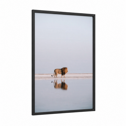 Solitary Lion framed art print — black wood frame — gold and gray and white palette