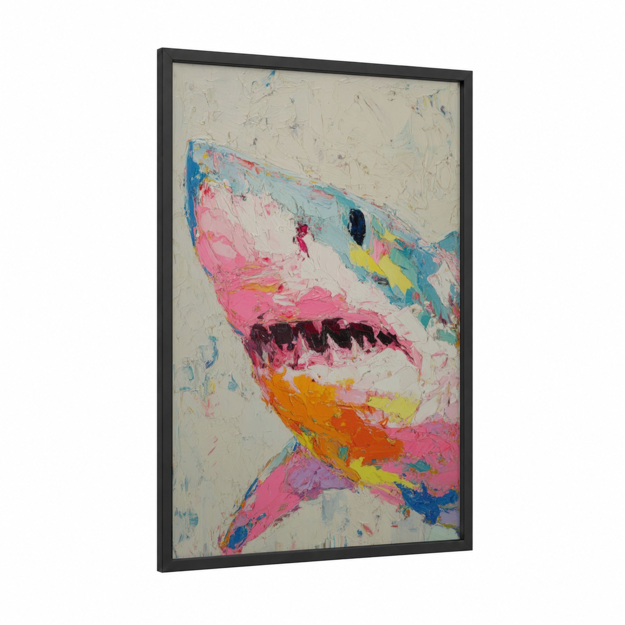 Colorful Bull Shark framed art print — black wood frame — pink and blue palette