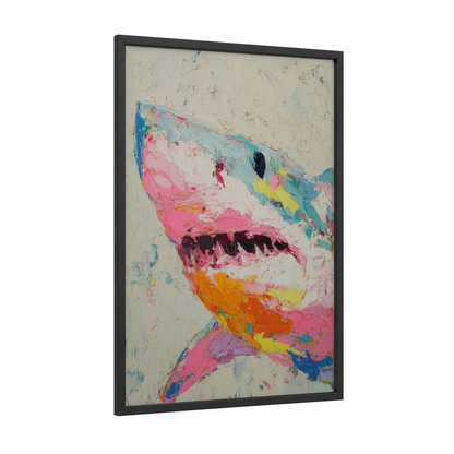 Colorful Bull Shark framed art print — black wood frame — pink and blue palette