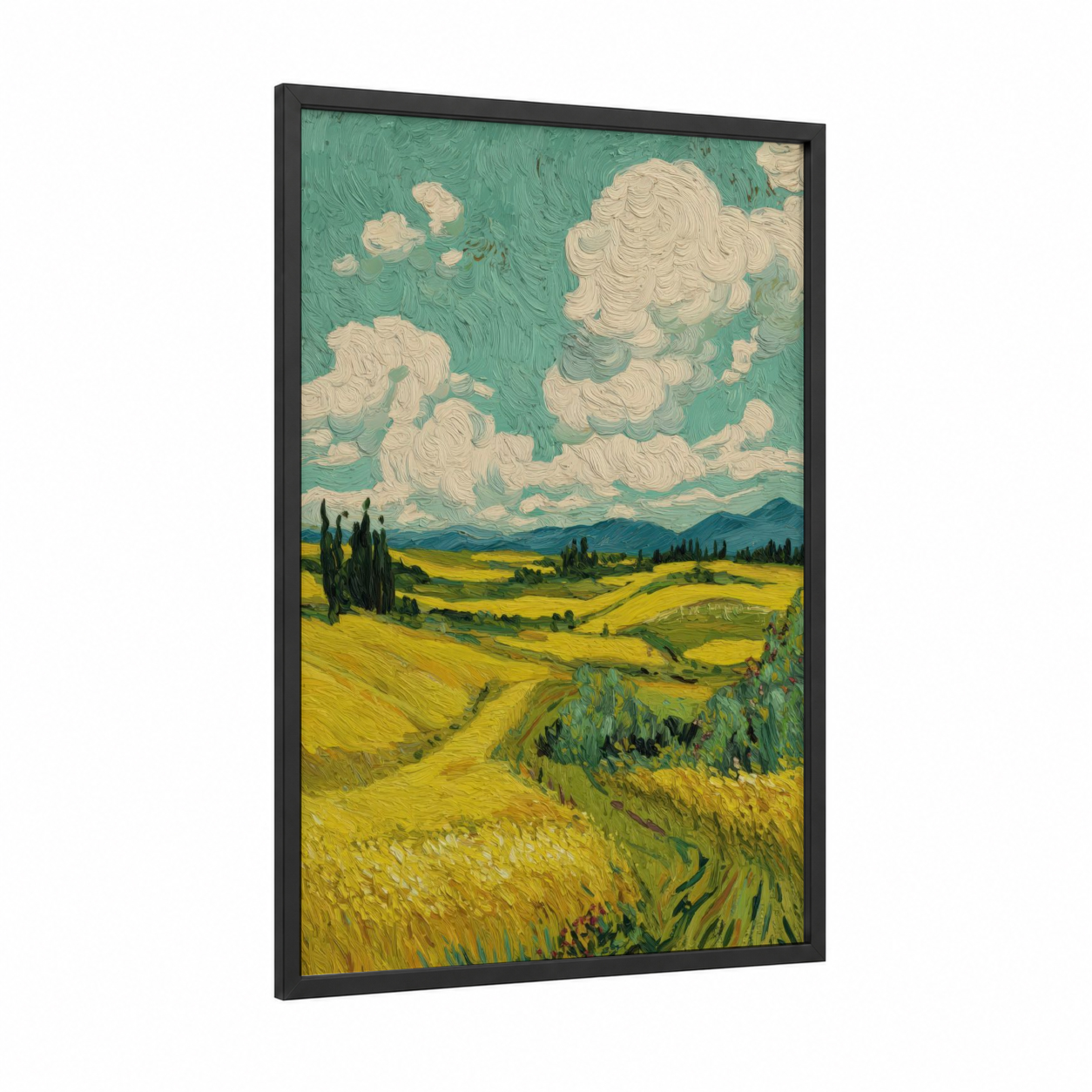 Tuscan Meadow framed green field print — black wood frame — yellow and teal palette