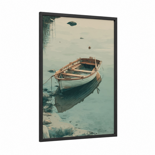 Moored Rowboat framed art print — black wood frame — teal and cream palette
