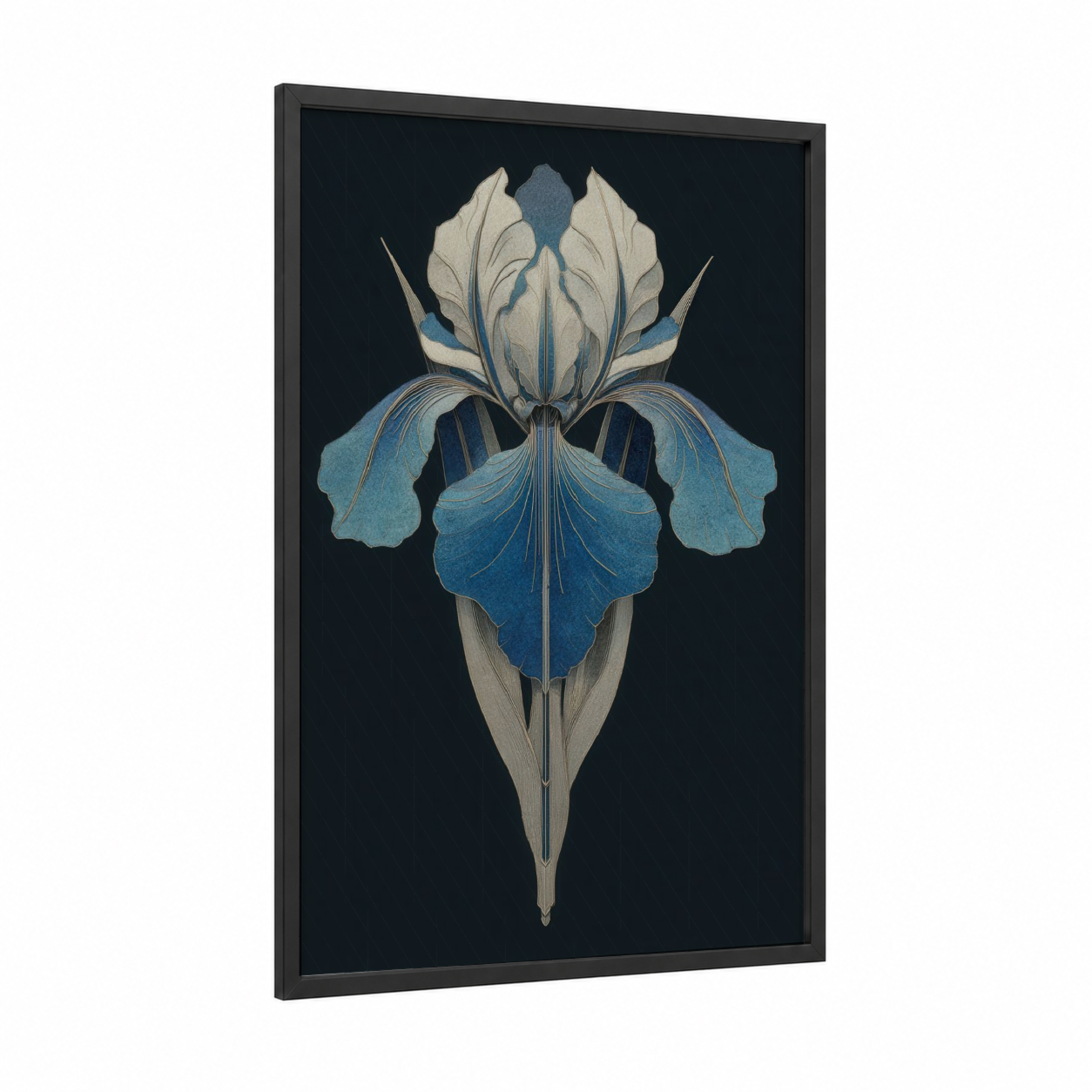 Indigo Iris Bloom framed art print — black wood frame — dark blue and cream palette