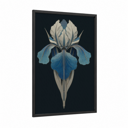 Indigo Iris Bloom framed art print — black wood frame — dark blue and cream palette