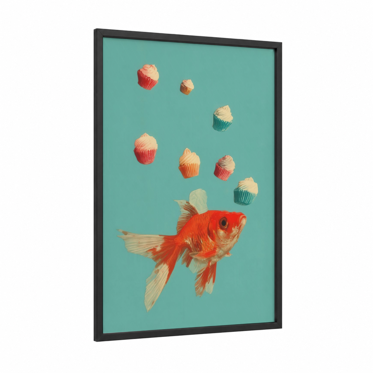 Cupcake Goldfish framed art print — black wood frame — turquoise and red palette