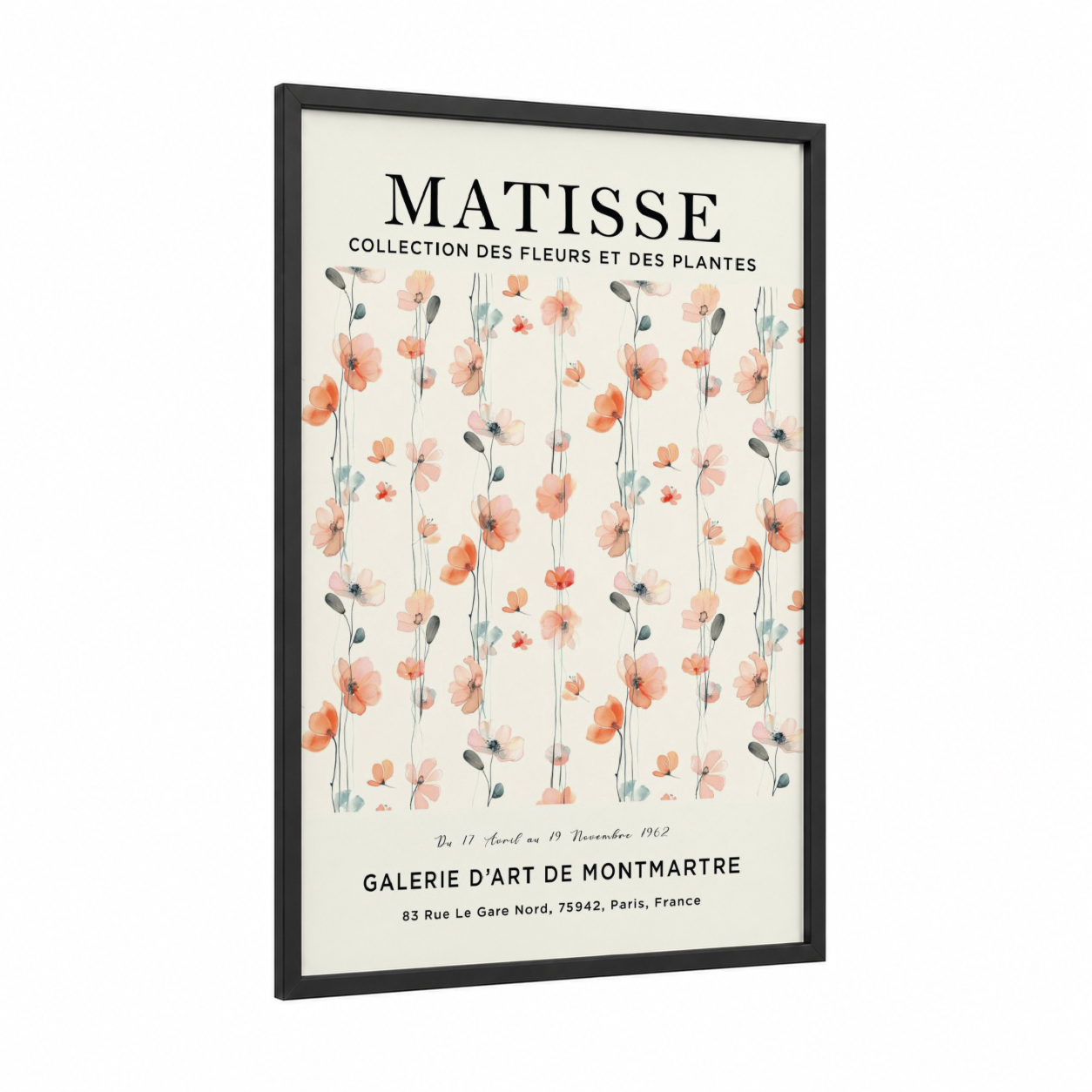 Matisse Floral framed abstract flower print — black wood frame — peach and cream palette