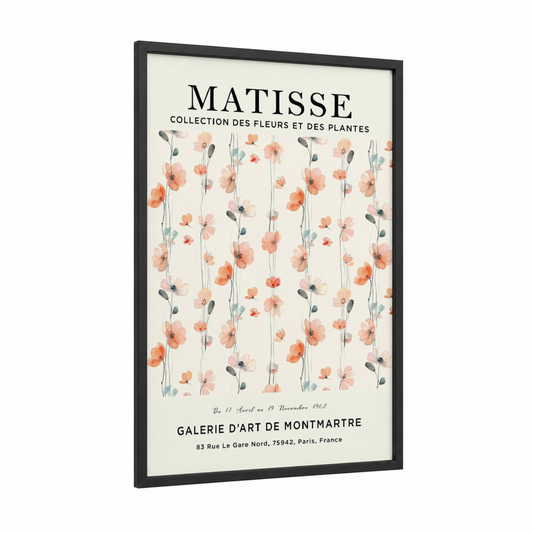 Matisse Floral framed abstract flower print — black wood frame — peach and cream palette