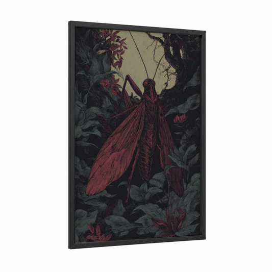 Praying Mantis framed prayin mantis print — black wood frame — maroon and dark green palette