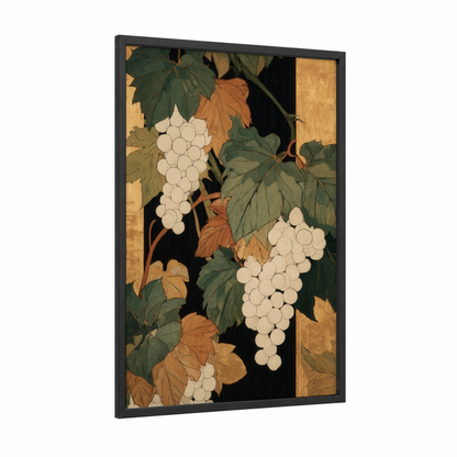 Autumn Vineyard framed vineyards print — black wood frame — gold and dark green palette