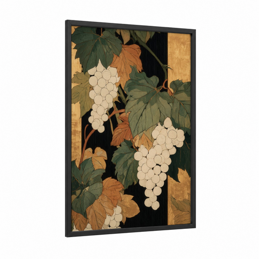Autumn Vineyard framed vineyards print — black wood frame — gold and dark green palette