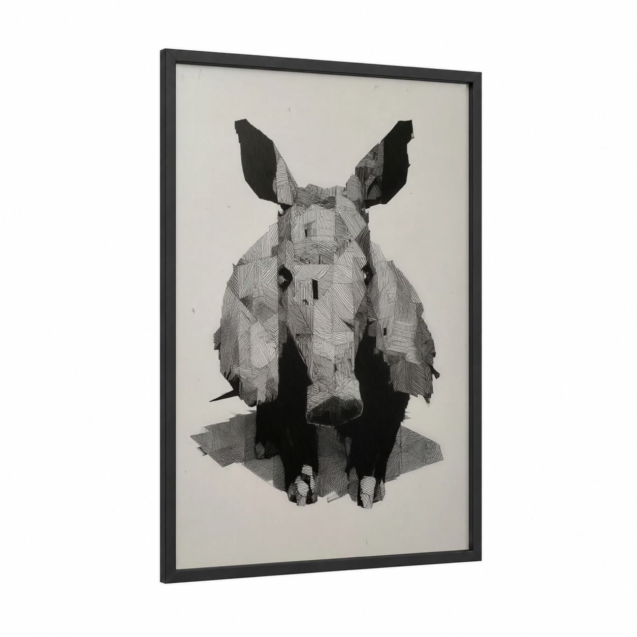 Geometric Aardvark framed art print — black wood frame — black and white palette