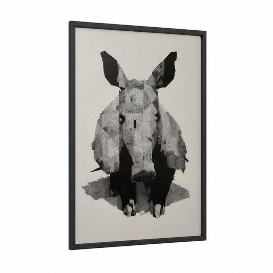Geometric Aardvark framed art print — black wood frame — black and white palette